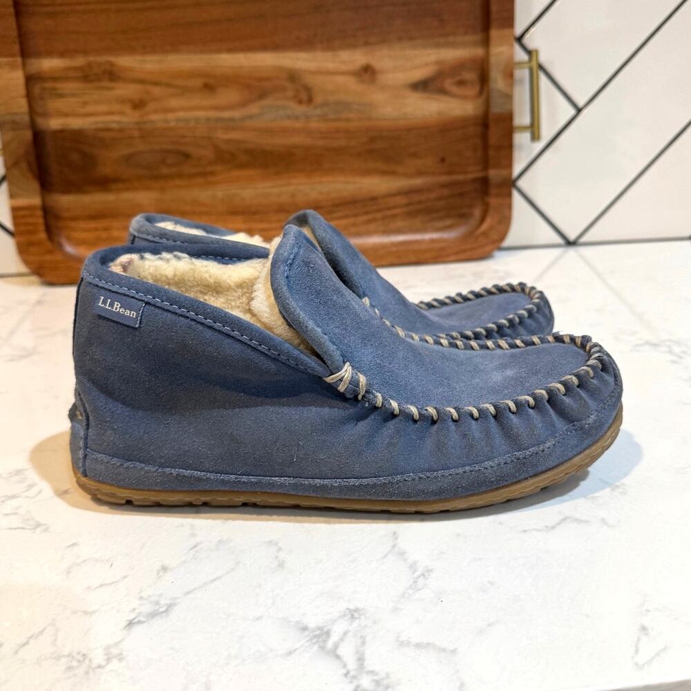 L.L.Bean Wicked Good Boot Moc slippers blue suede upper shearling lining size 7